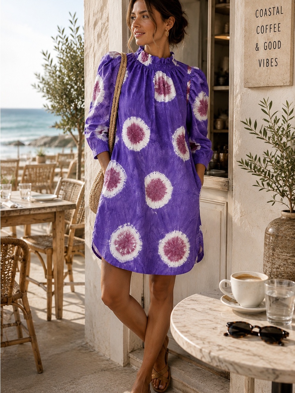 Sea New York Tie Dye Cotton Puff Sleeve Tunic Dress Size 8 Purple Boho Resort